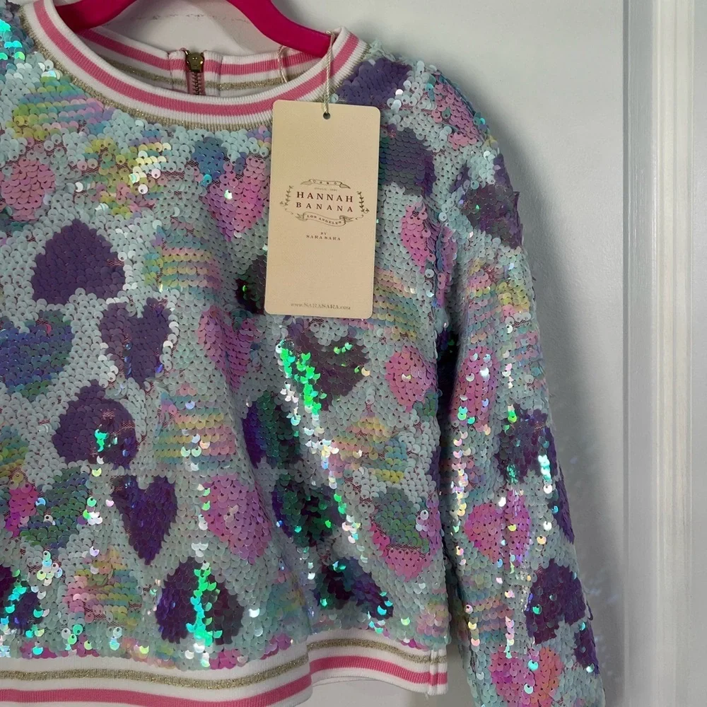Hannah Banana Heart Print Sequined Sweatshirt ~ Pink Multi size 5
